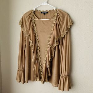 Plus Size Whimsygoth Victorian Sheer Mesh Ruffled Mocha Tan Pirate Blouse Sz 1X